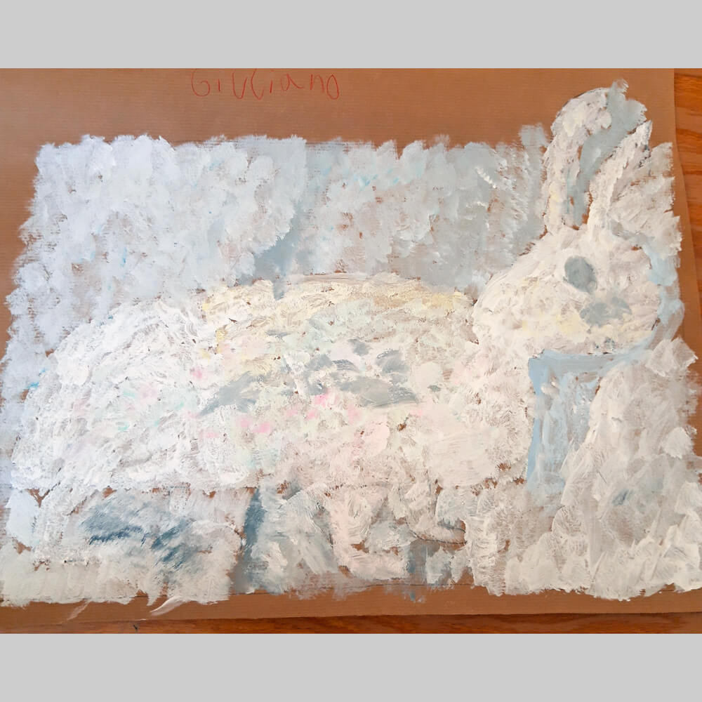 Monatsidee Januar - Schneehase: Schülerbild mit markanten Farbtupern. Idee von Malen mit Marlies, Fanas (Graubünden)