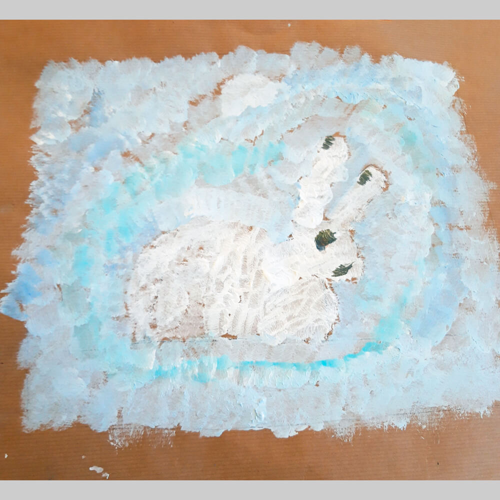 Monatsidee Januar - Schneehase: Fertiges Bild eines Schülers. Idee von Malen mit Marlies, Fanas (Graubünden)