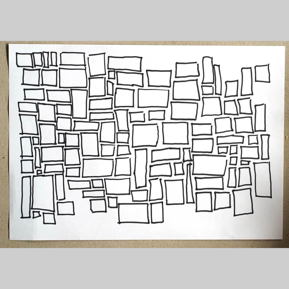 Monatsidee Mai - Strukturbild: leere Quadrate füllen das Vorlagenblatt. Idee von Malen mit Marlies, Fanas (Graubünden)
